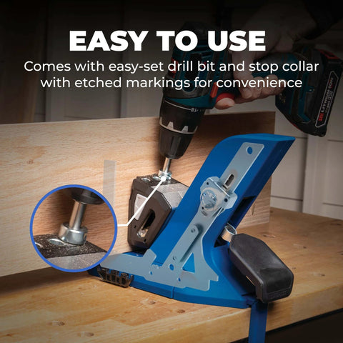 Pocket-Hole Jig 720 For Fast, Strong Wood Joints With Easy Clamping And Precise Adjustment in use on a wooden plank