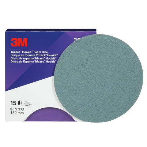 Blue 6 Inch Hookit Foam Disc P5000 Finishing Pad For Auto Paint, patterned mineral structure, shown with packaging, 15 discs