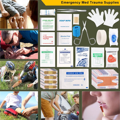 Go To 200 In 1 Survival Kit for Outdoors and Everyday Prep with Upgraded First Aid Gear shown with medical supplies and outdoor use