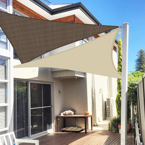 Right Triangle Sun Shade Sail 8 Ft By 8 Ft By 11 Ft Beige UV Block Canopy installed over a patio creating outdoor shade cover.