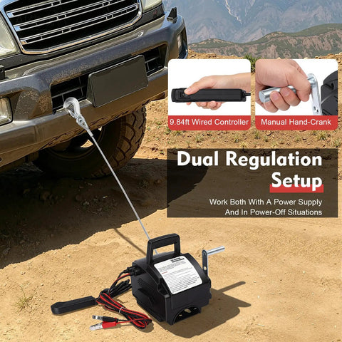Heavy Duty Electric Winch 6000 Lbs Pulling Power For Trailers And Trucks With 12V 300W Motor, showing wired controller and manual hand-crank.
