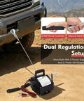 Heavy Duty 12V Electric Winch With 5000 Lift Capacity And 300W Copper Motor with wired controller and hand-crank setup.