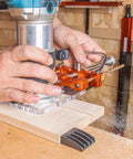 Rock Solid Router Guide Rail Adapter With Swivel Quick Adjust For Curved Arc Projects Universal Fit showing hands using it on wood.
