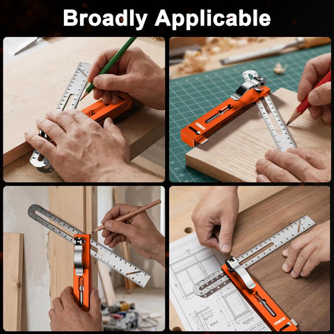 Top Shelf 9.45 Inch T Bevel Angle Finder With Heavy Duty Metal Extension Arm And Dual Scale Marking Scribe Tool in use on various wood surfaces.