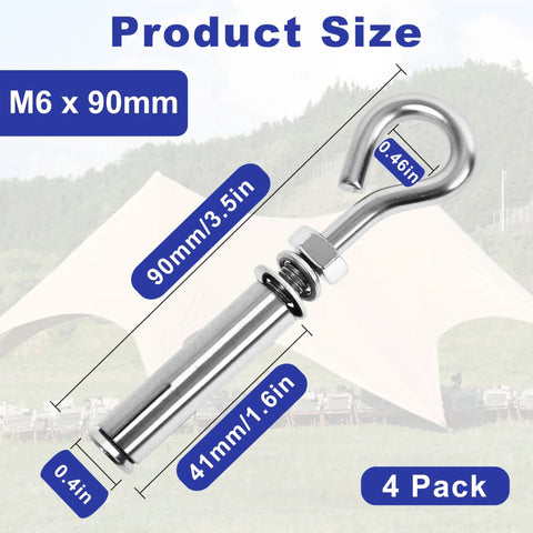 Image of Four Pack Expansion Eyebolt Anchors For Concrete Walls, One Quarter Inch By Three And One Half Inch, featuring size dimensions and a tent in the background.