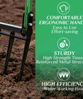 Five Tined Broad Fork Garden Tool for Deep Digging with ergonomic handle and reinforced metal tines in soil, highlighting efficiency.