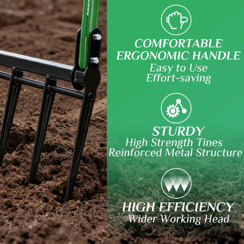 Five Tined Broad Fork Garden Tool for Deep Digging with ergonomic handle and reinforced metal tines in soil, highlighting efficiency.