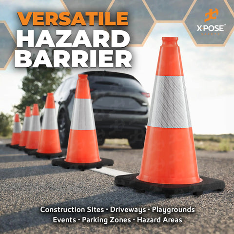 18 Inch Orange Traffic Cones With 6 Inch Collar, 4 Pack Heavy Duty Multipurpose PVC Safety Cones lined up on asphalt road