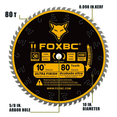 10 Inch 80 Tooth Pro Grade Ultra Finish Table Saw Blade With Five Eighths Inch Arbor, 0.098 Inch Kerf, ATB Grind, Tungsten Carbide Cutting Edge For Smooth, Low Vibration Wood Cuts And Ultra Clean Finishes.