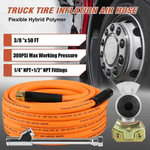 50 Ft Truck Air Hose Kit With Universal Glad Hand And 30 Degree Dual Chuck, 3/8 Inch Hybrid Tire Inflator Hose For Heavy Duty Onboard Air Systems, 300 PSI Lightweight Tire Inflator