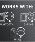 Diagram showing Claw Drywall Picture Hanger Variety Pack With 15, 25, And 45 Lb Hangers And Spot Markers working with sawtooth, D-ring, and wire.