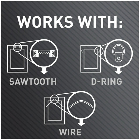 Diagram showing Claw Drywall Picture Hanger Variety Pack With 15, 25, And 45 Lb Hangers And Spot Markers working with sawtooth, D-ring, and wire.