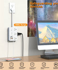 Game Changing Desktop Surge Protector Power Strip With Six AC Outlets And Four USB Charging Ports Low Profile Extension Cord protecting devices in office setup.