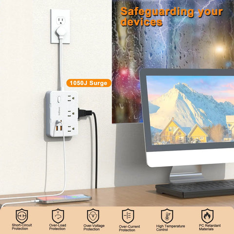 Game Changing Desktop Surge Protector Power Strip With Six AC Outlets And Four USB Charging Ports Low Profile Extension Cord protecting devices in office setup.