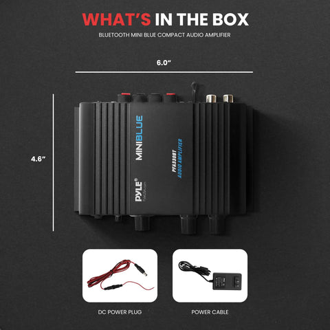 Contents of Wireless Bluetooth Home Audio Amp With 90W Dual Channel Power, featuring amp unit, power plugs, and cables.