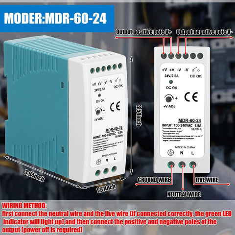 24V DC DIN Rail Power Supply 60W Dual Output MDR Switching Converter 24V 2.5A 100-240VAC Input, wiring guide shown