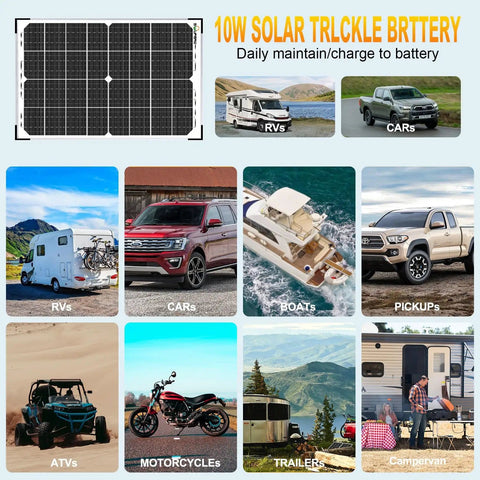 10W solar battery trickle charger for RVs, cars, boats, pickups, ATVs, motorcycles, trailers, and campervans