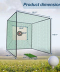 Dimensions of 10x10x10Ft Golf Practice Net Cage With Metal Frame for backyard use, showing target and hitting mat setup.