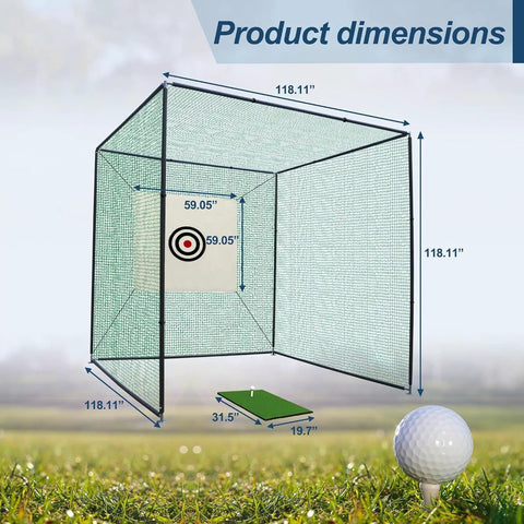 Dimensions of 10x10x10Ft Golf Practice Net Cage With Metal Frame for backyard use, showing target and hitting mat setup.