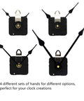 Four Long Shaft Quartz Wall Clock Movement With Metal Hook For DIY Repair Replacement Battery Operated Mechanism Fits 10mm To 450mm Hands 18mm Shaft 5mm Thread kits, shown with different hand options, ideal for custom clocks.