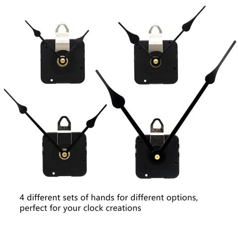 Four Long Shaft Quartz Wall Clock Movement With Metal Hook For DIY Repair Replacement Battery Operated Mechanism Fits 10mm To 450mm Hands 18mm Shaft 5mm Thread kits, shown with different hand options, ideal for custom clocks.