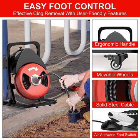 Get The Job Done Fast With This 50 Ft Electric Drain Cleaner And Auto Feed Sewer Snake showing ergonomic handle and air switch.