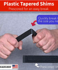 Person snapping Prescored Plastic Shims For Leveling 12 Pack Quick Snap Wedges To Level Doors Windows Cabinets Toilet Shims
