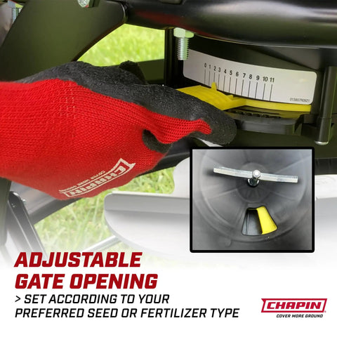 Hand adjusting gate on Tow-Behind Broadcast Spreader For Seed And Fertilizer, 150 Lb Capacity, Auto-Stop Dual Impeller model