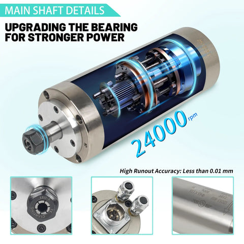 Beefy Water Cooled CNC Spindle Kit 0.8 kW 110V with internal components, showcasing main shaft details and speed.