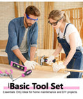 Pink Tool Set For Women With Shoulder Strap 21 Pieces Basic Tool Kit In A Portable Zipper Tool Bag with man and woman using tools