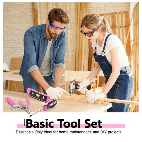 Pink Tool Set For Women With Shoulder Strap 21 Pieces Basic Tool Kit In A Portable Zipper Tool Bag with man and woman using tools