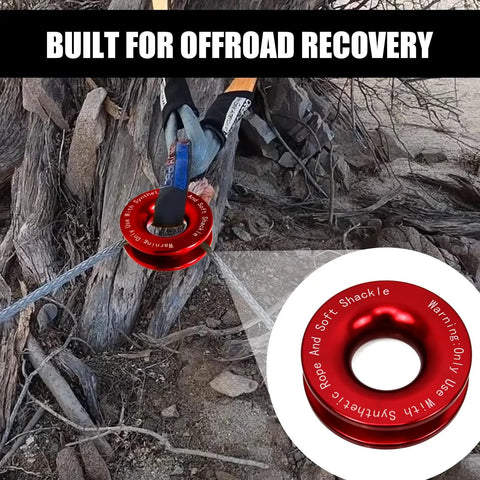 Beefy Snatch Block Ring Winch Pulley Recovery Kit With One Half Inch Soft Shackle Three Inch By One Hundred Eighteen Inch Tree Saver Strap For Off Road UTV ATV And Trucks 41000 Lb Ring Strength Red Ring And Red Shackle 45000 Lb Strap, red ring on tree