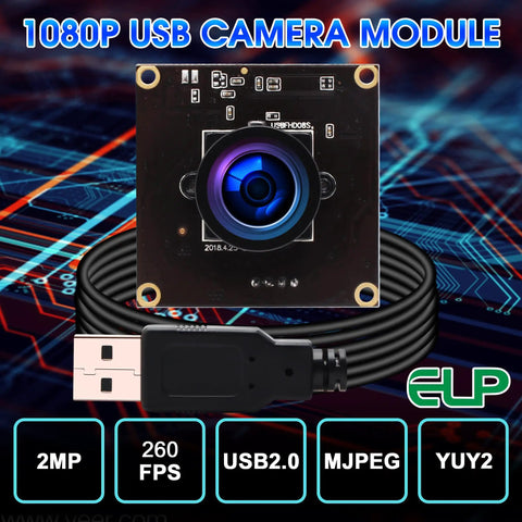 USB Camera With 2.9mm Wide Angle Fisheye Lens 1080P Webcam, Ultra Smooth 60FPS At 1080P, 2MP Sensor, circuit board, USB cable