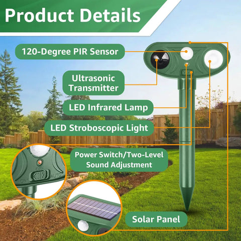 Diagram showing features of Solar Powered Ultrasonic Animal Repellent with Motion Sensor and Strobe Light in a garden setting.