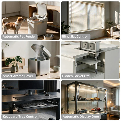 Image showcasing multiple smart home features including automatic pet feeder, hidden socket lift, and smart aroma cover.