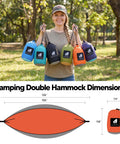 Woman holding various colors of Ultralight Camping Hammock For Hiking And Travel, Durable Outdoor Hammock In Orange with dimensions diagram.