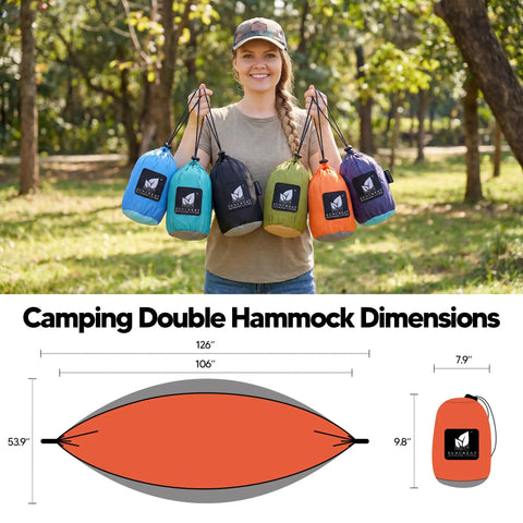 Woman holding various colors of Ultralight Camping Hammock For Hiking And Travel, Durable Outdoor Hammock In Orange with dimensions diagram.