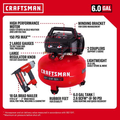 Craftsman 6 Gal Pancake Air Compressor With Oil-Free Tank Generating A Punchy 150 Psi For Swift Recovery. This Ultimate Combo Kit Features An Upgraded 18 Gauge Brad Nailer For Precise Trim Work And Light Molding Projects. Perfect For Detailed