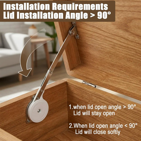 Soft Close Toy Box Hinges Set With Lid Support for Wooden Toy Chests installed on wooden box showing open lid