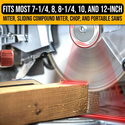 Miter saw laser guide, Amazon brand, front view with red laser line on wood