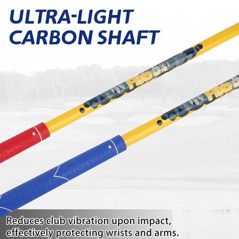 Ultra-light carbon shaft of kid friendly beginner golf club set with wood iron and putter, 3 balls and bag for ages 2 to 5.