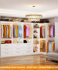 L Shaped Corner Closet System With Nine Roomy Drawers And Spacious Open Shelves Freestanding Modular Wardrobe Organizer loaded with hanging rods in white.