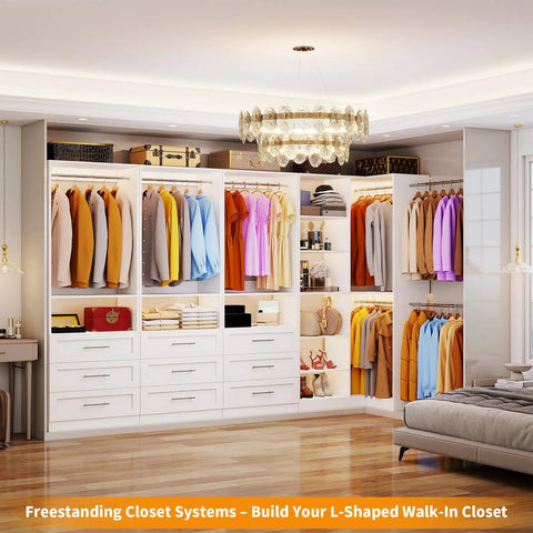 L Shaped Corner Closet System With Nine Roomy Drawers And Spacious Open Shelves Freestanding Modular Wardrobe Organizer loaded with hanging rods in white.