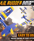 HQ089 RC Plane For Kids And Adults Easy To Fly Remote Control Airplane With 6 Axis Gyro shown with adjustable tail rudder in flight