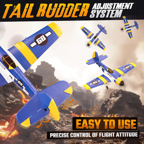HQ089 RC Plane For Kids And Adults Easy To Fly Remote Control Airplane With 6 Axis Gyro shown with adjustable tail rudder in flight