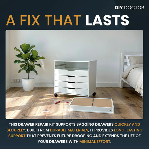 Heavy Duty Drawer Repair Kit 4 Pack For Sagging Drawer Bottoms Easy Fix To Reinforce Dresser And Kitchen Drawers Simple DIY Solution To Prevent Buckling, shown installed in white dresser in bedroom setting.