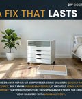 Drawer Repair Kit Easy Fix For Sagging Buckled Drawers 3 Pack Reinforcers in modern room with plant and bed