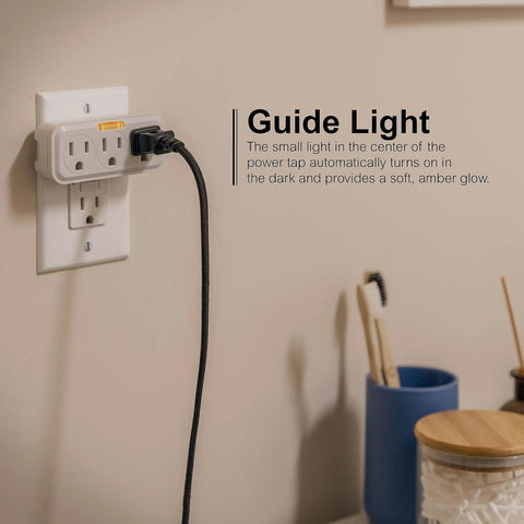 3 Outlet Wall Tap With Guide Light For Expanded Power 3 Prong Grounded Outlet Space Saving Horizontal Design UL Listed White