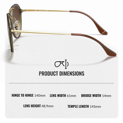 Phantos Shape Nonpolarized Sunglasses side view with product dimensions; brown gradient lenses; includes official eyewear kit