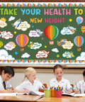 Hot Air Balloon Healthy Bulletin Board Set For Classroom Decor with colorful cutouts and borders, featuring health tips.